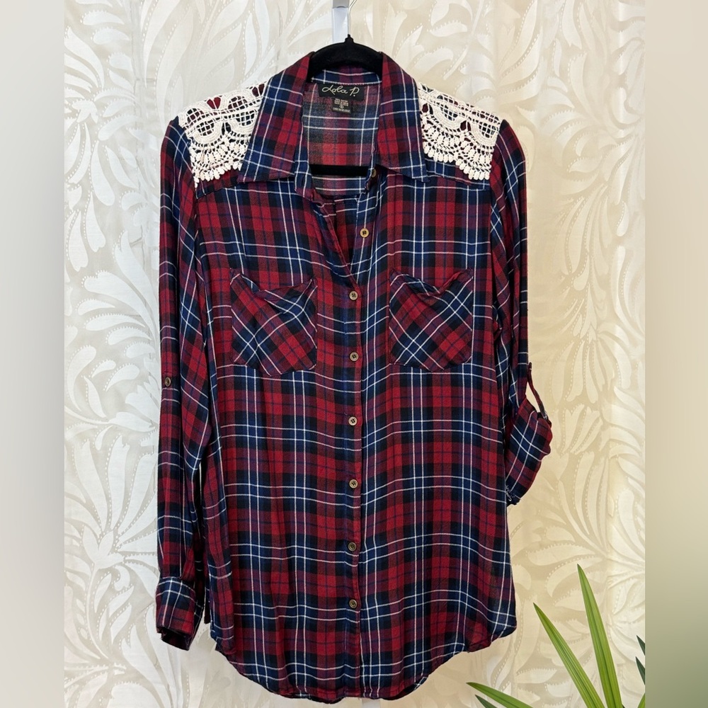 Lola P. Red, Blue and White Plaid Button-Down Shirt with Lace Detail